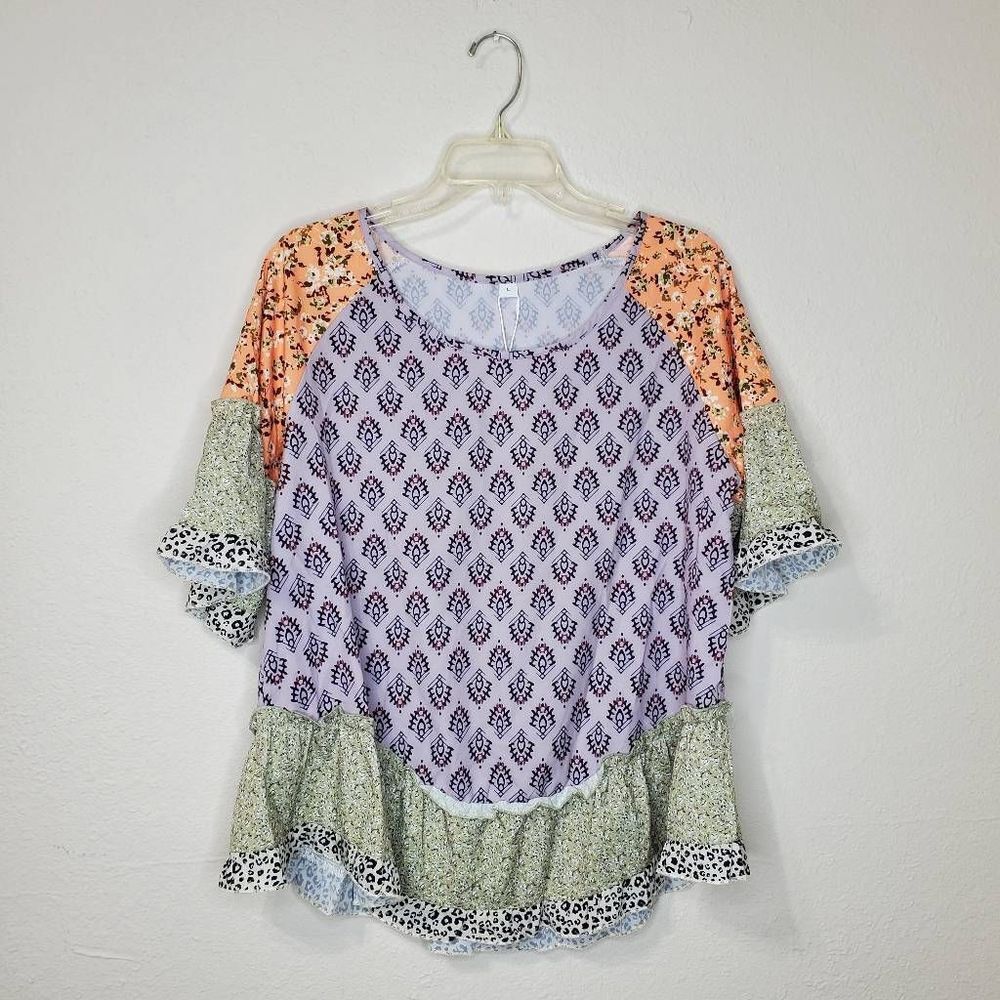 NWT Woman's ruffle top in green and orange size L